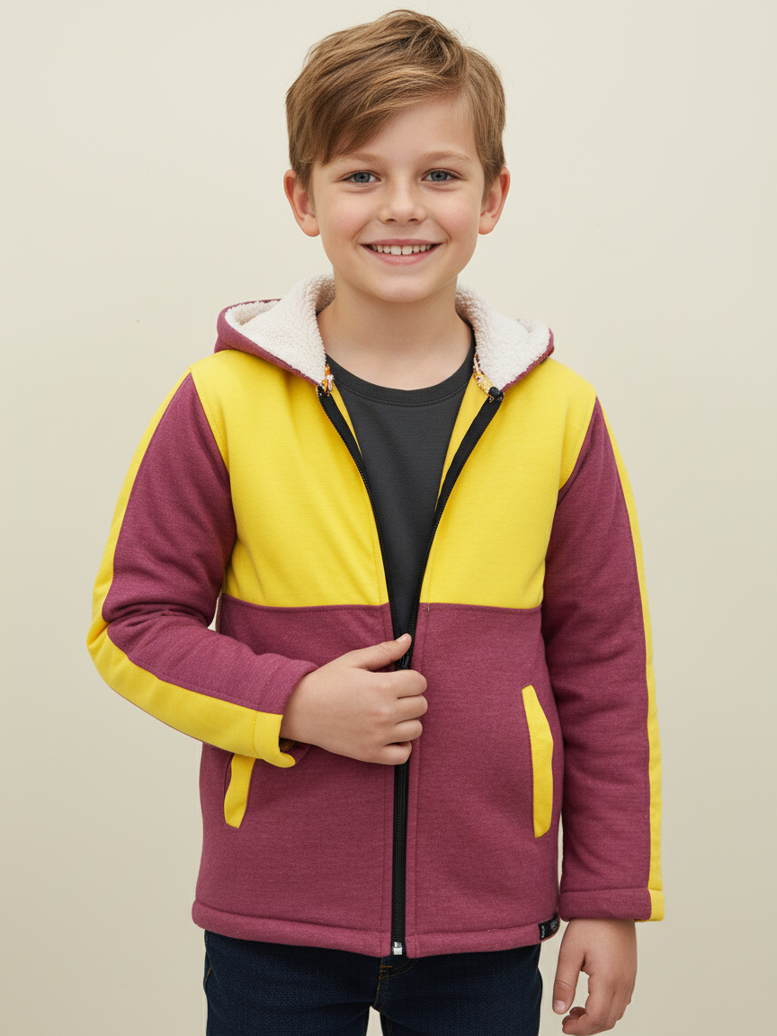 Mango Stylish Inner Fur Zipper Hoodie For Kids-Yellow & Burgundy-BE150/BR561