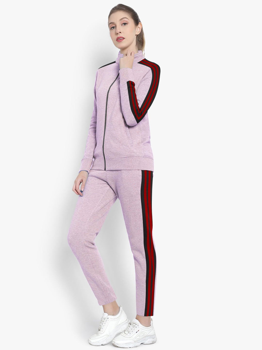 Louis Vicaci Fleece Zipper Tracksuit For Ladies-Purple Melange With Black Stripe-RT1549