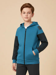 NYC POLO Fleece Pullover Hoodie For Kids-Cyan with Charcoal Panel-BE2060