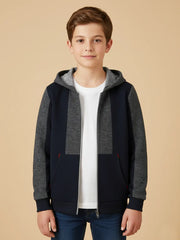 NXT Inner Fur Hood Fleece Full Zipper Hoodie For Kids-Dark Navy with Charcoal Melange Panels-BE2555/BR14526