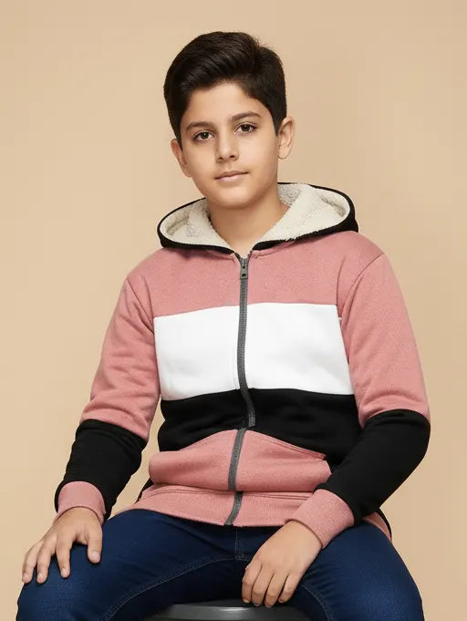 NXT Inner Hood Fur Fleece Full Zipper Hoodie For Kids-Pink with Black-BR14424