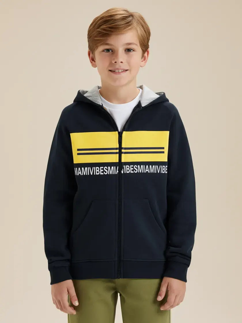 Miami Vibes Stylish Inner Fur Zipper Hoodie For Kids-Navy With Lime Yellow Panel-SP1174/RT2292
