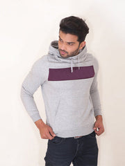 P&B Fleece Pullover Hoodie For Men-Grey Melange with Indigo Melange Panel-RT961