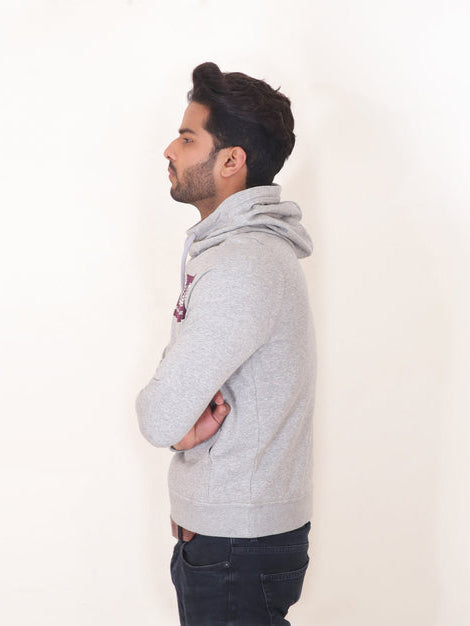 P&B Fleece Pullover Hoodie For Men-Grey Melange with Indigo Melange Panel-RT961