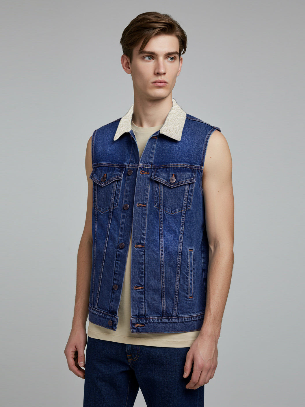 Sleeveless Plush Fur Denim Jeans Jacket For Men-Blue-BR205