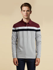 NXT Long Sleeve Polo Shirt For Men-Grey Melange & Maroon with Stripes-SP1896