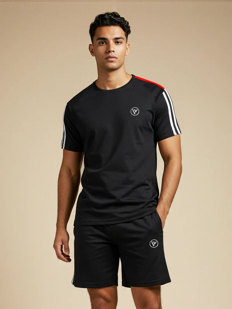 Louis Vicaci Summer Active Wear T Shirt & Lounge Short For Men-Black with white & Red Stripes-BE3219/BR15667