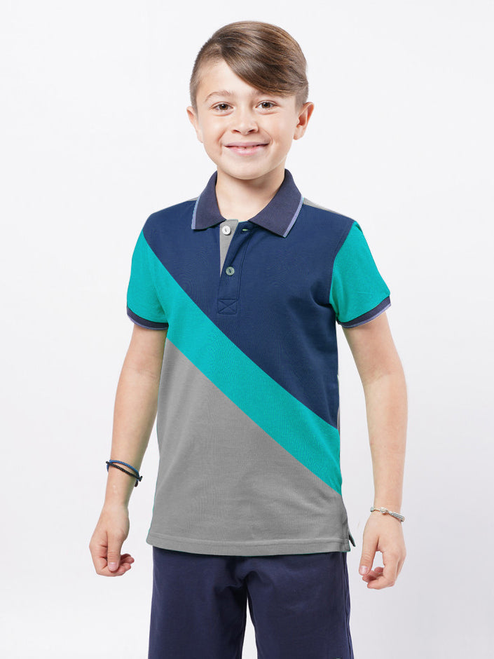 Champion Single Jersey Polo Shirt For Kids-Grey Cyan & Blue-SP1704/RT2414