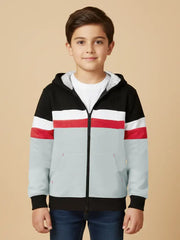 NXT Inner Fur Hood Fleece Full Zipper Hoodie For Kids-Black with Grey, White & Red Panels-BR2705/BR14603