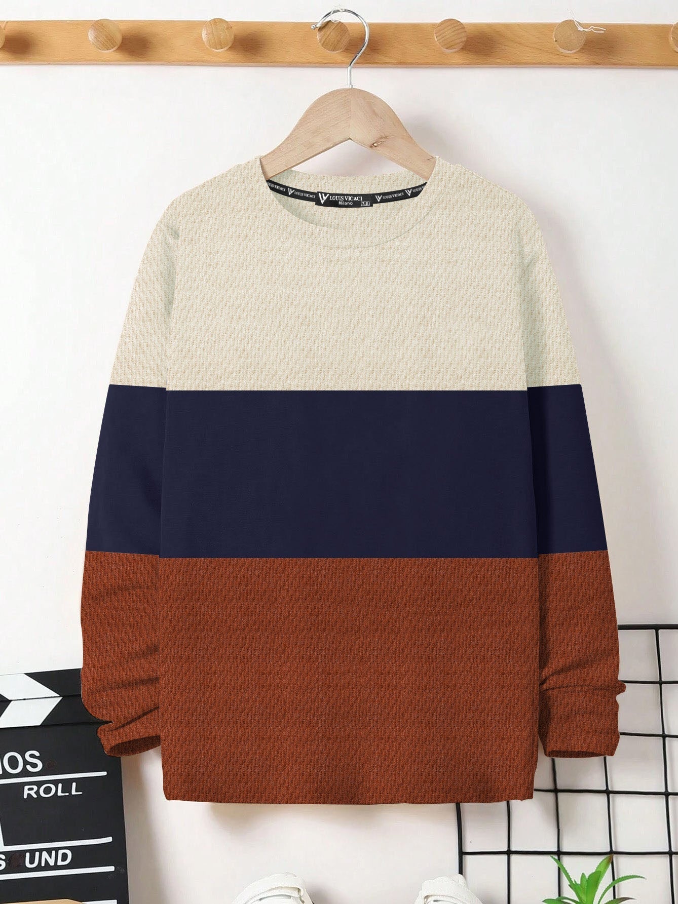 LV Crew Neck Long Sleeve Thermal Tee Shirt For Kids-Off White with Blue & Brown-BE969/BR13216