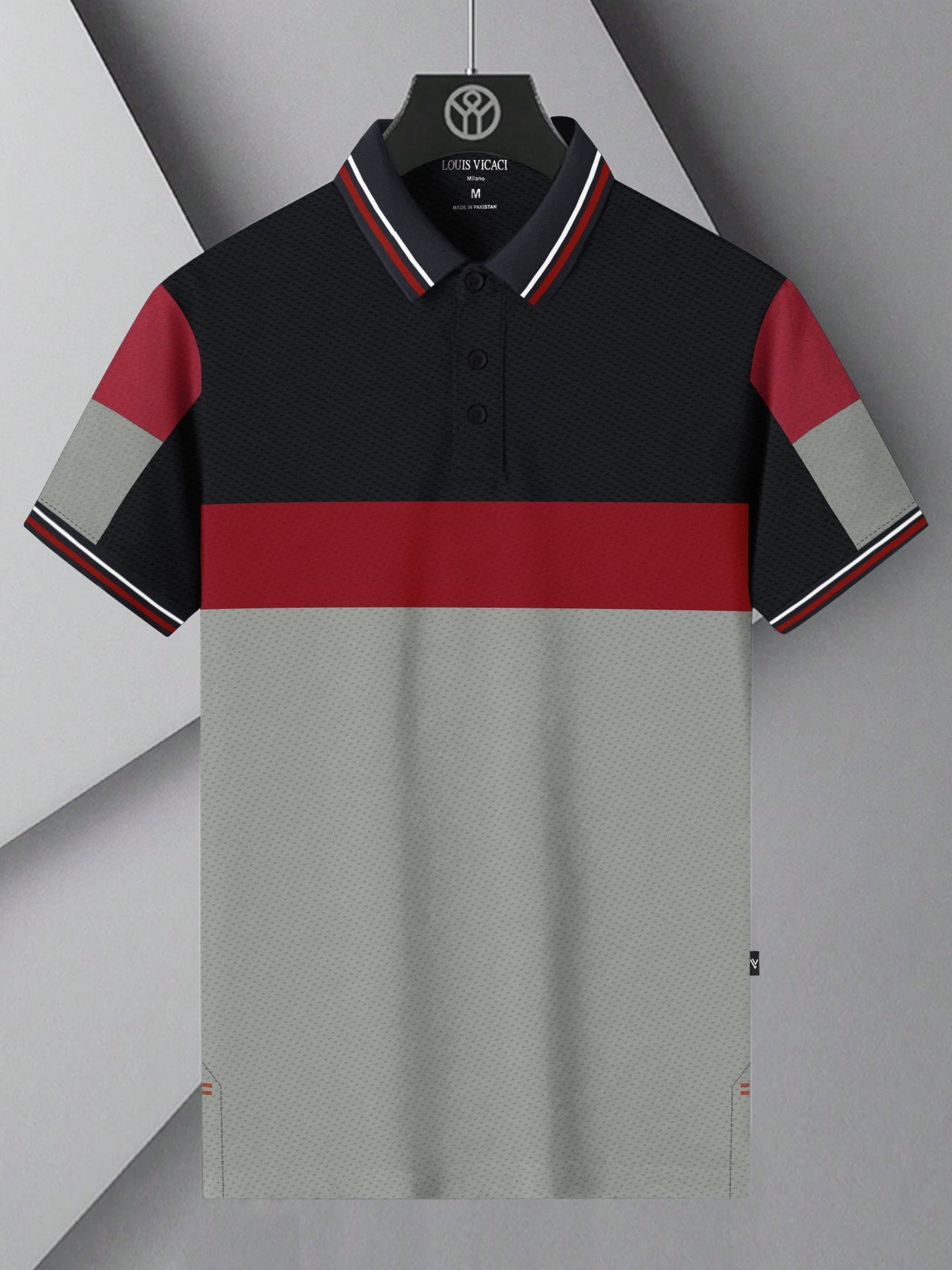 LV Summer Dry Fit Polo Shirt For Men-Black with Grey & Red Panels-BE1345/BR13587