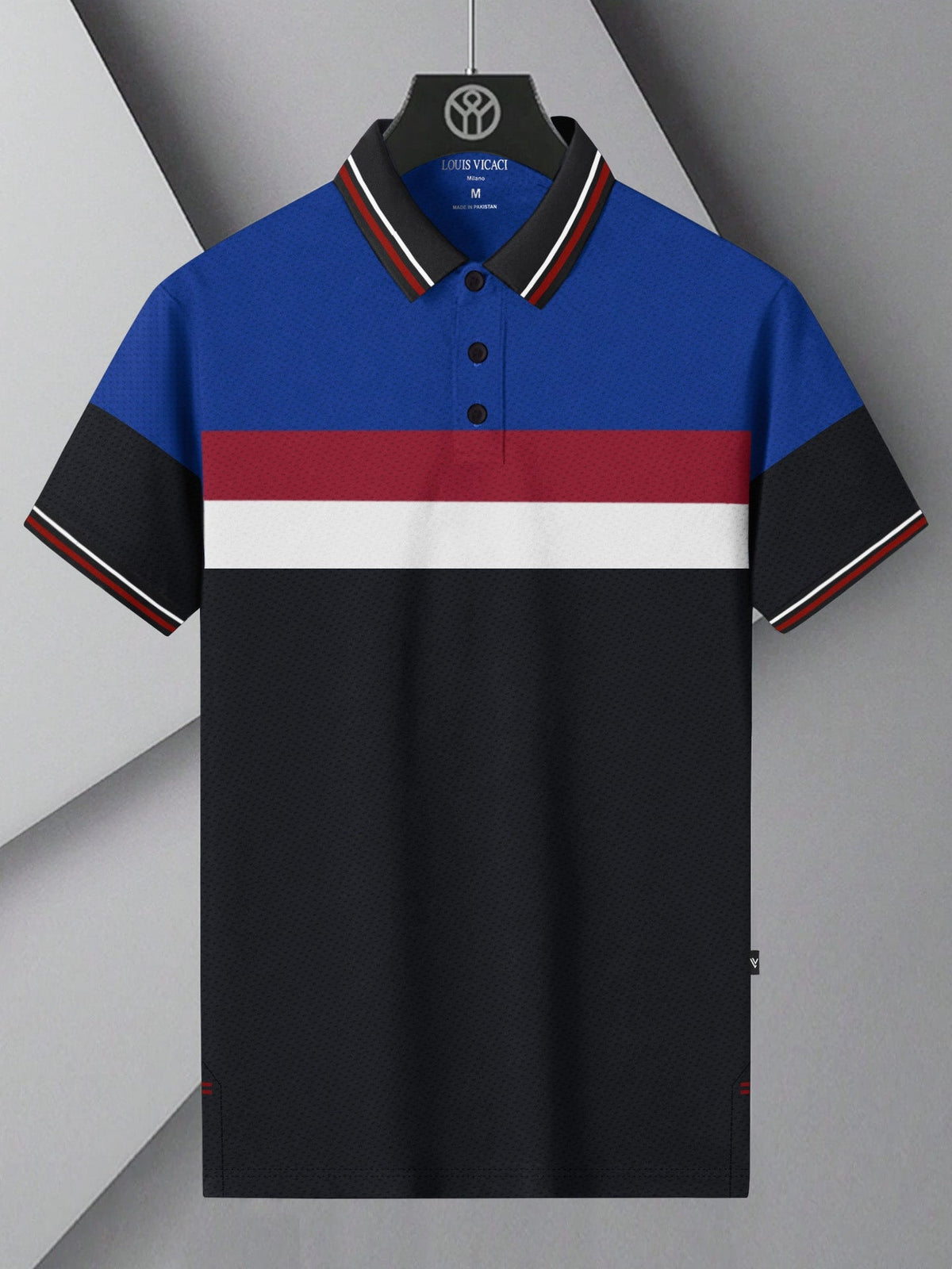 LV Summer Dry Fit Polo Shirt For Men-Black with Red & Blue Panels-BE1344/BR13586