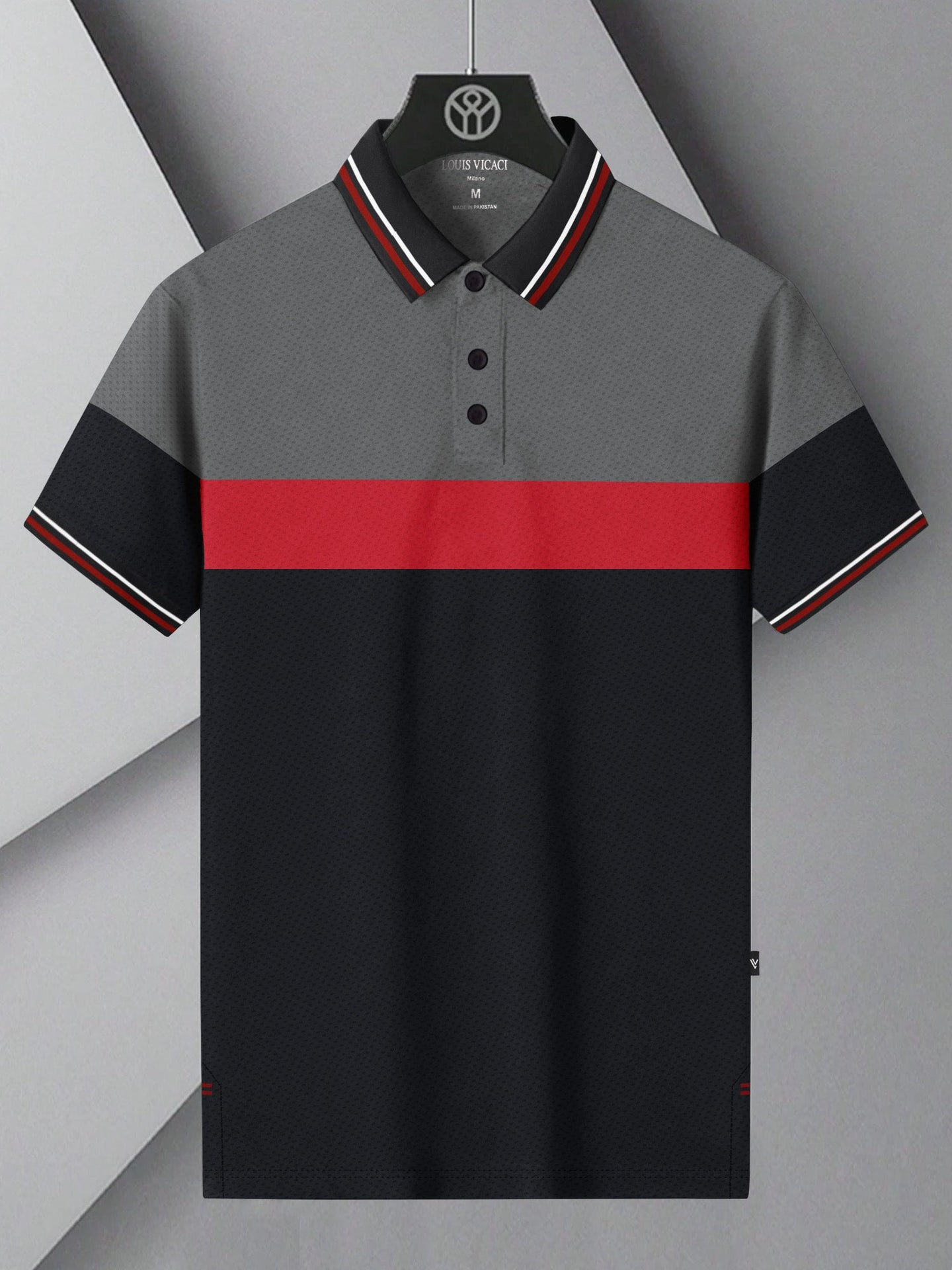 LV Summer Dry Fit Polo Shirt For Men-Black with Red & Grey Panels-BE1343/BR13585