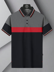 LV Summer Dry Fit Polo Shirt For Men-Black with Red & Grey Panels-BE1343/BR13585
