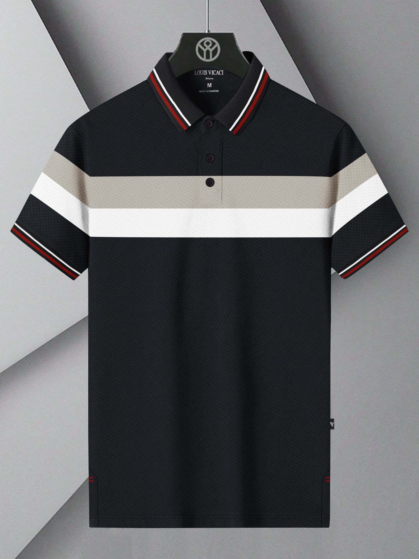 LV Summer Dry Fit Polo Shirt For Men-Black with Grey & White Panels-BE1346/BR13588