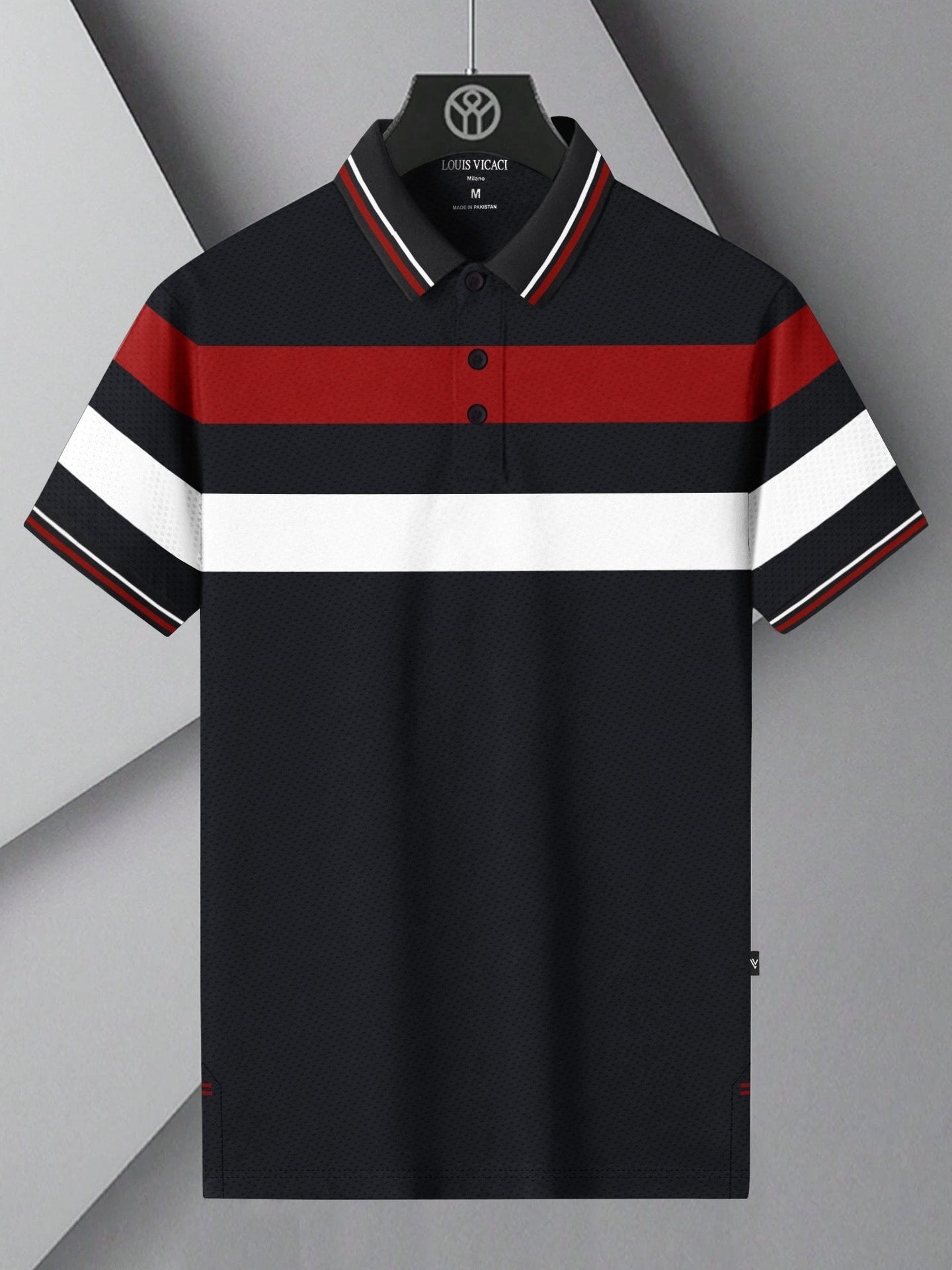 LV Summer Dry Fit Polo Shirt For Men-Dark Navy with Red & White Stripe-BE1310/BR13555