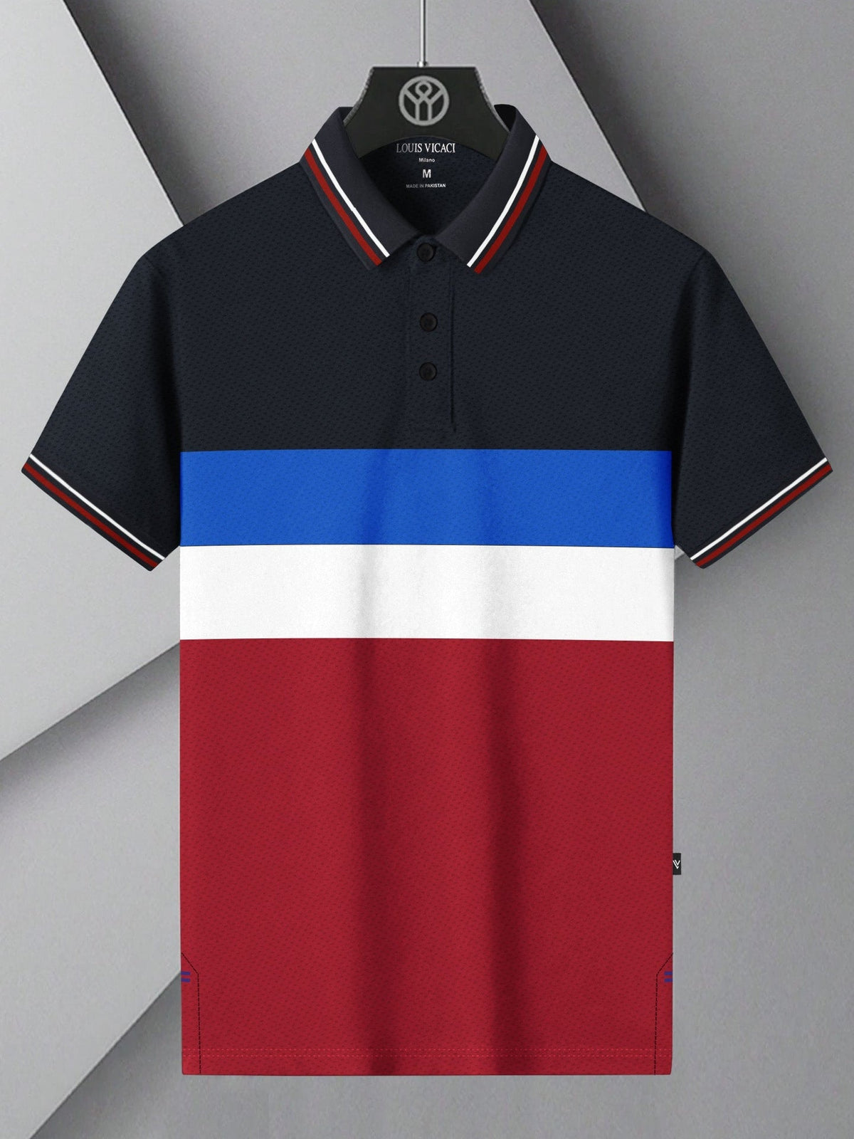 LV Summer Dry Fit Polo Shirt For Men-Dark Navy with Red & White, Blue Panels-BE1311/BR13556