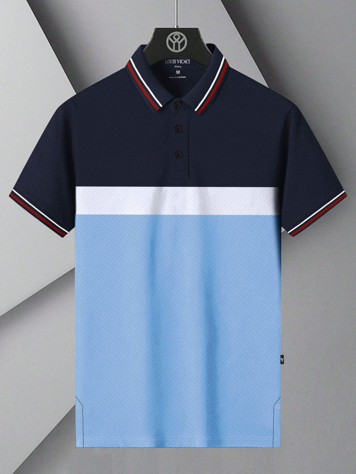 LV Summer Dry Fit Polo Shirt For Men-Navy with Sky & White Stripe-BE1697/BR13912