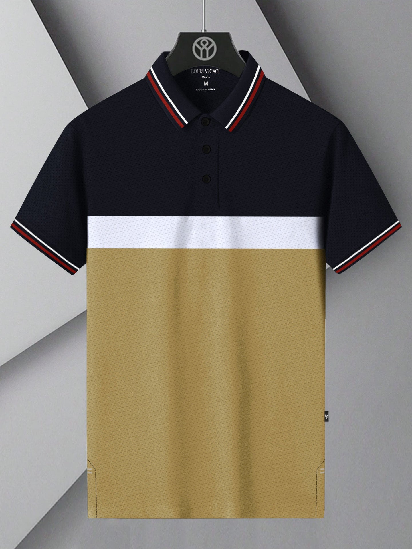 LV Summer Dry Fit Polo Shirt For Men-Navy with White & Camel Panels-BE1713/BR13918