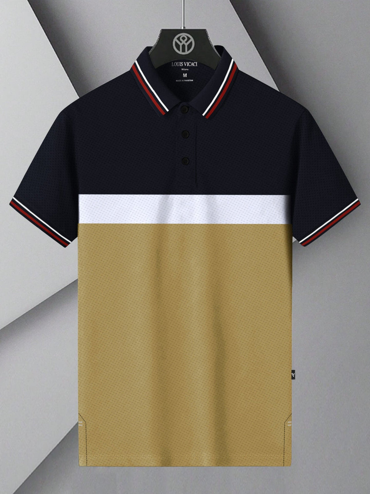 LV Summer Dry Fit Polo Shirt For Men-Navy with White & Camel Panels-BE1713/BR13918
