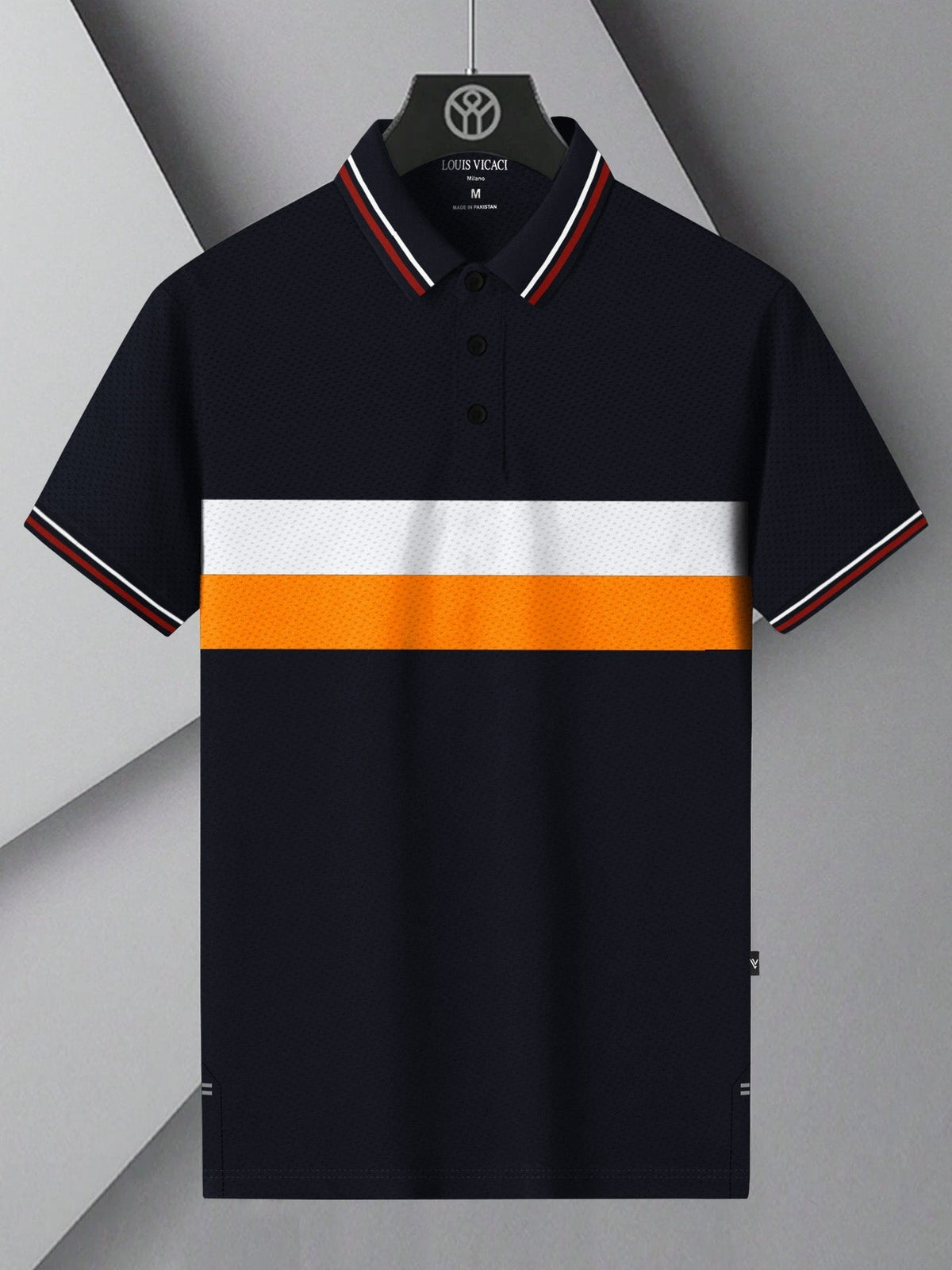 LV Summer Dry Fit Polo Shirt For Men-Navy with White & Orange Panels-BE1741/BR13922