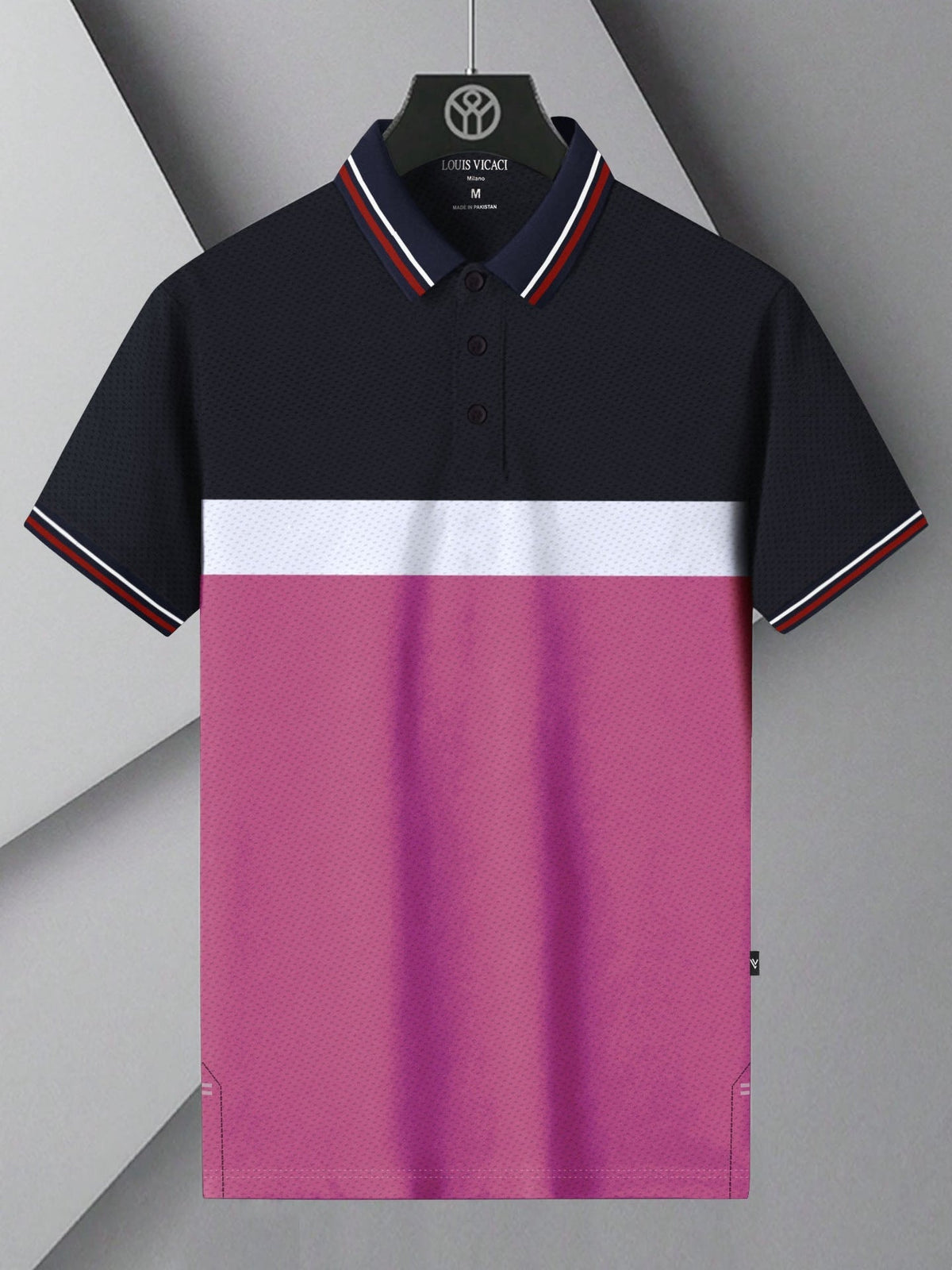 LV Summer Dry Fit Polo Shirt For Men-Navy with White & Pink Panels-BE1708/BR13917