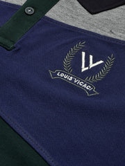 LV Summer Polo Shirt For Men-Dark Green with Blue & Grey Melange Panel-BE835/BR13072