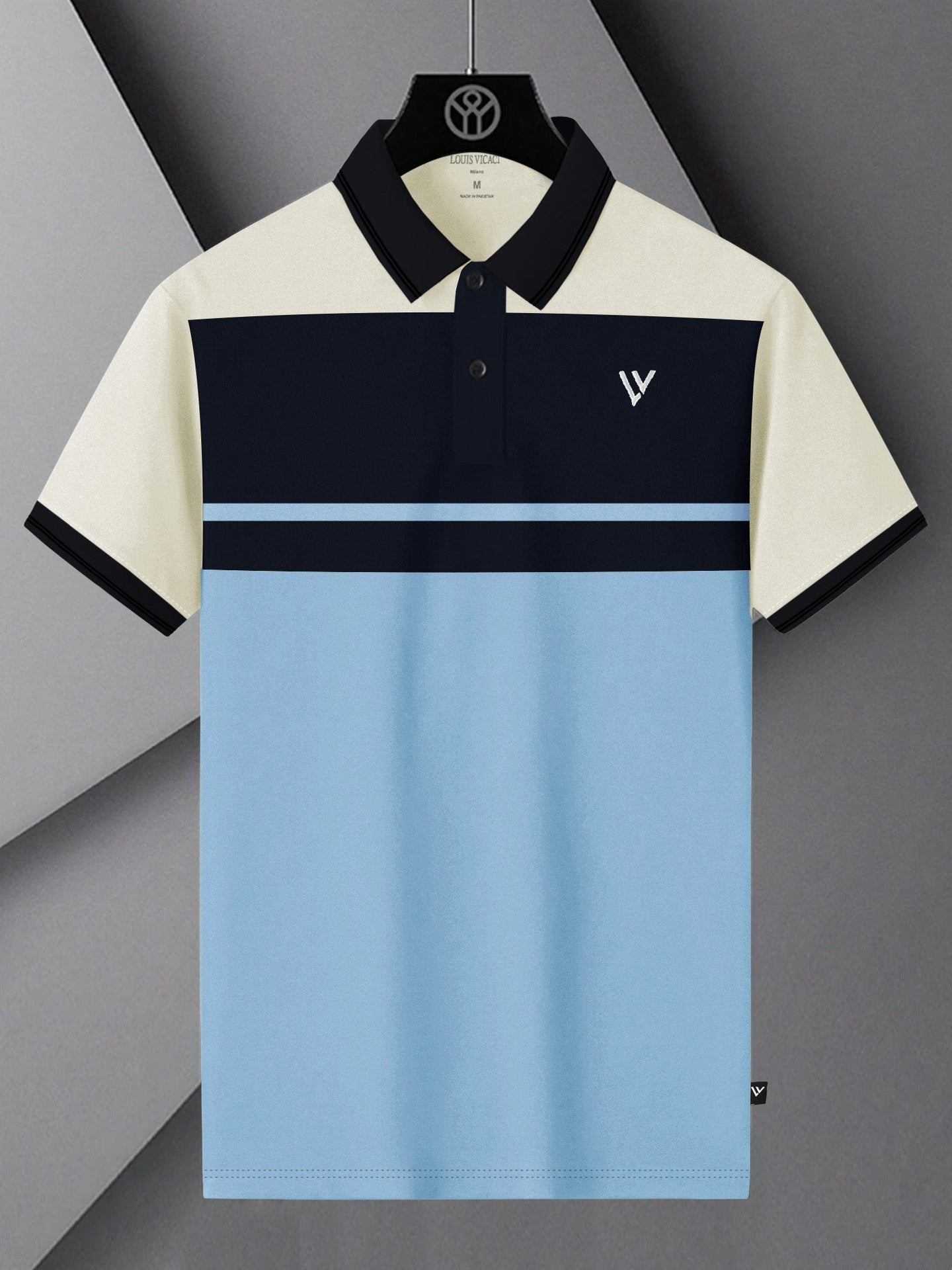 LV Summer Polo Shirt For Men-Sky with Navy & Off White Panel-BE875/BR13113