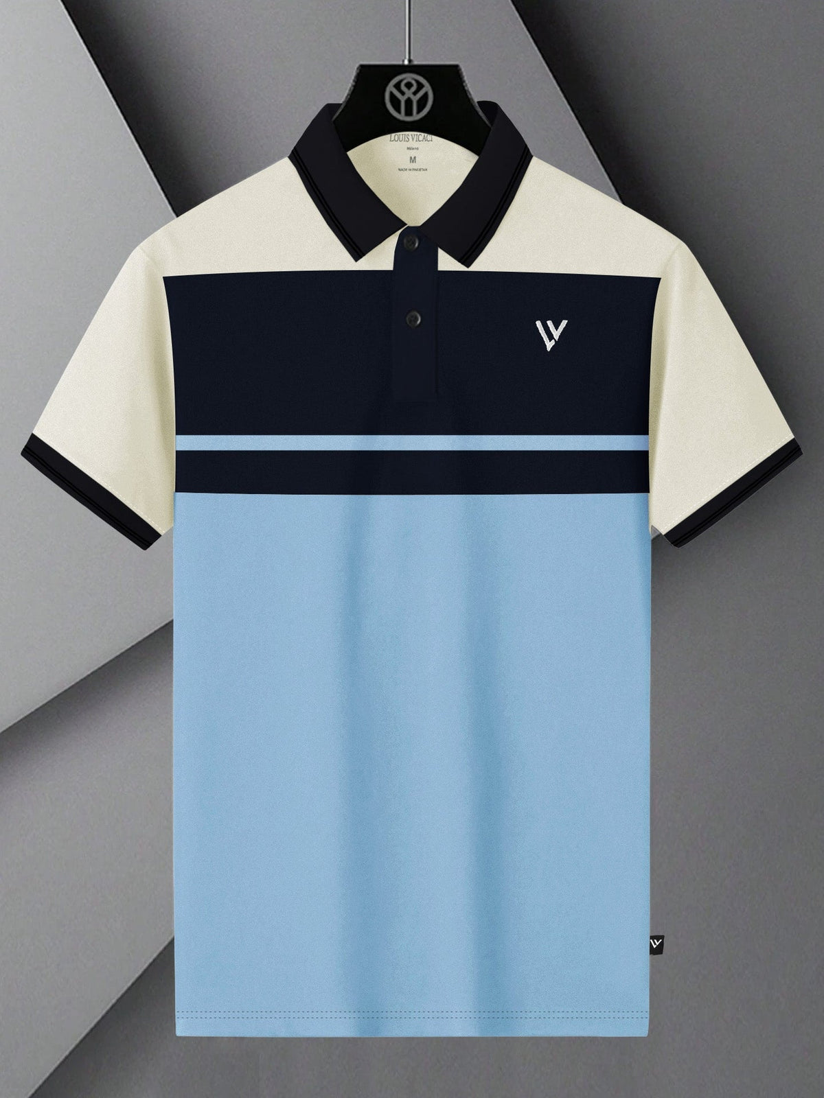 LV Summer Polo Shirt For Men-Sky with Navy & Off White Panel-BE875/BR13113