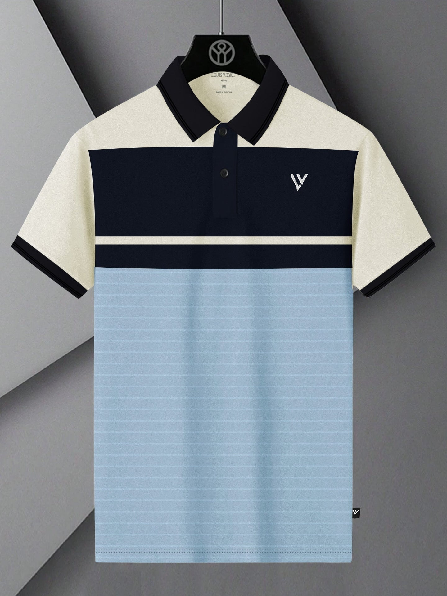 LV Summer Polo Shirt For Men-Sky with Navy & Off White Panel-BE880/BR13118