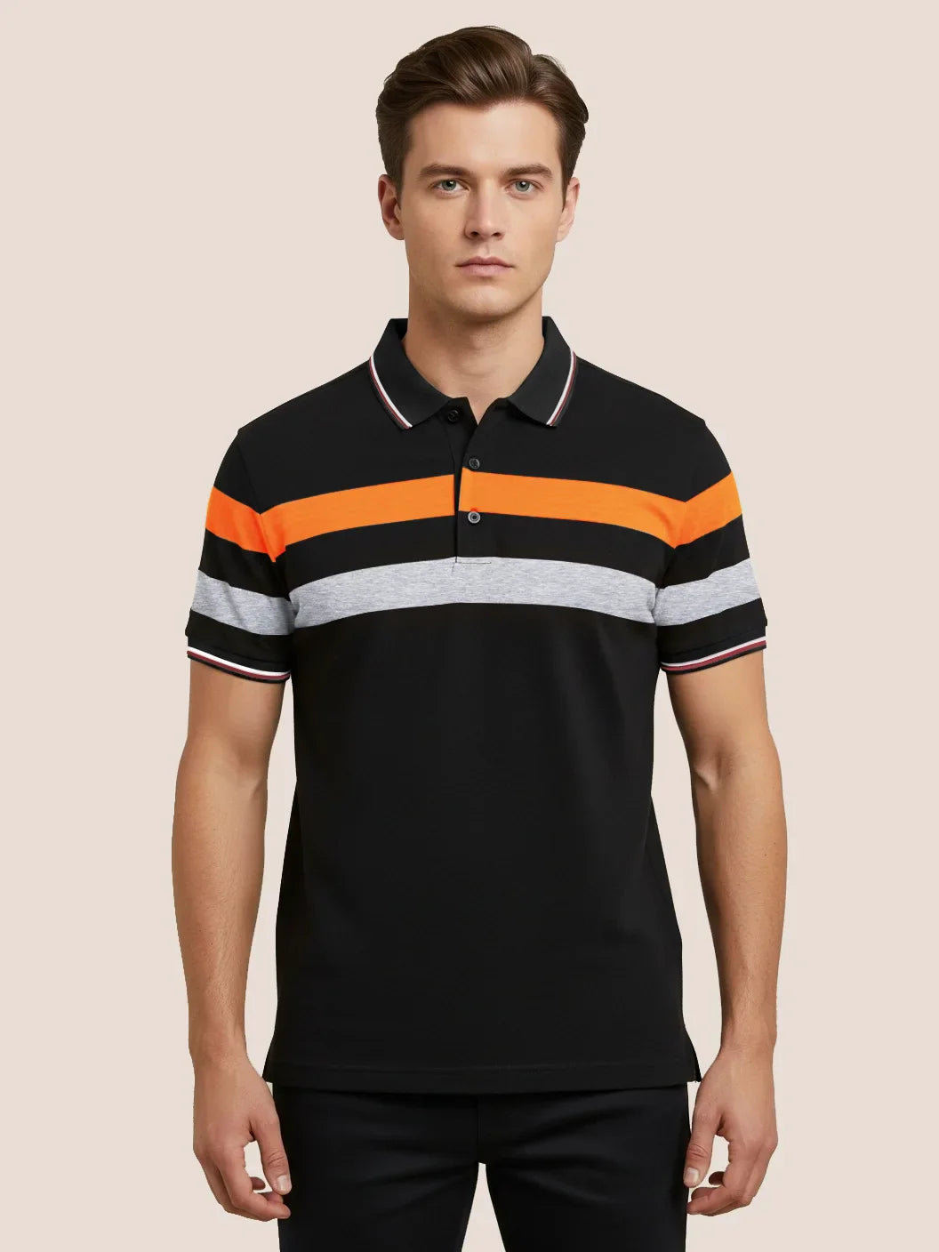 LV Summer Single Jersey Polo Shirt For Men-Black with Grey & Orange Panels-BE1747/BR13931