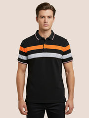 LV Summer Single Jersey Polo Shirt For Men-Black with Grey & Orange Panels-BE1747/BR13931