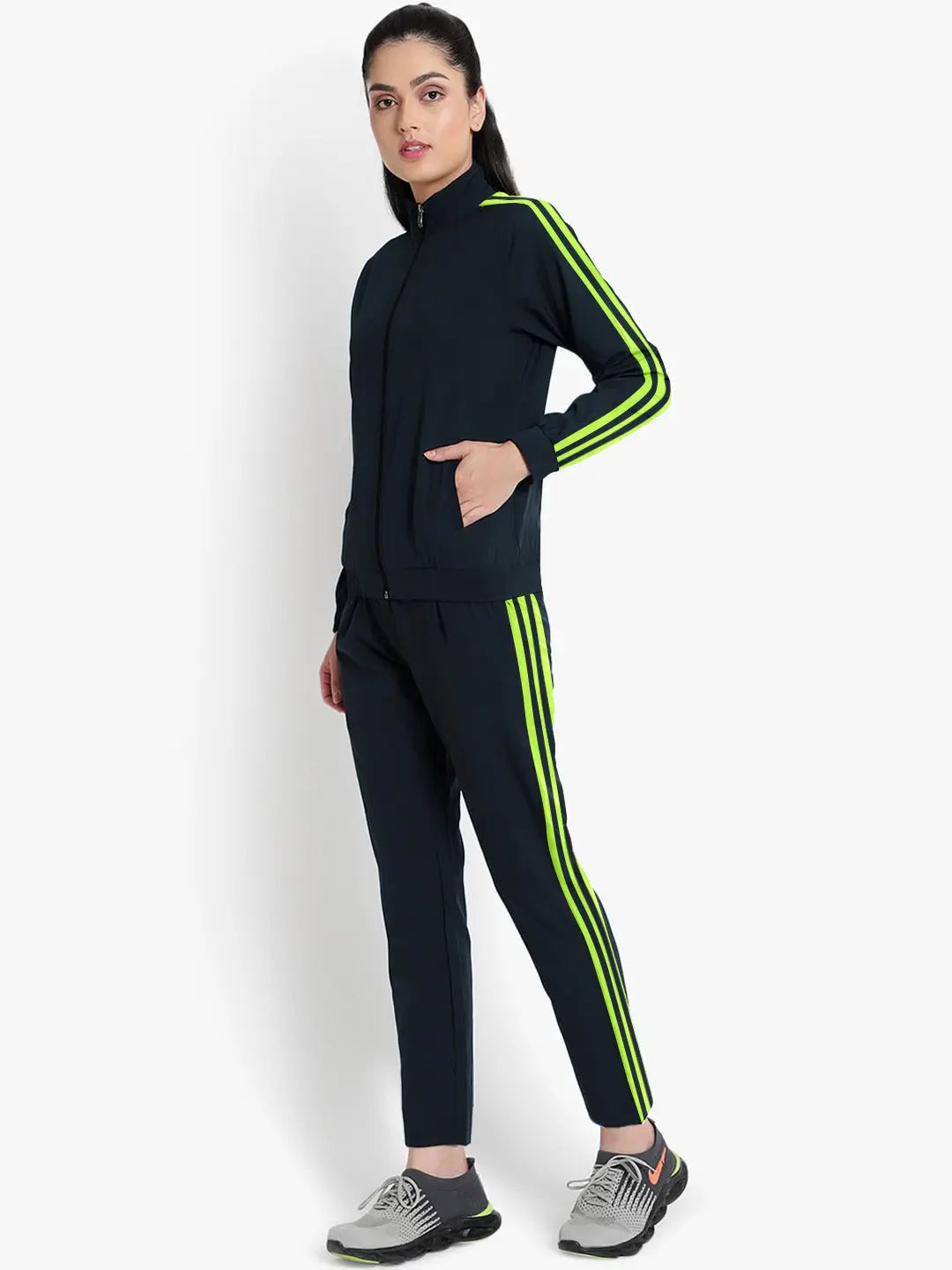Louis Vicaci Fleece Zipper Tracksuit For Ladies Navy with Lime Green Stripe-RT2120