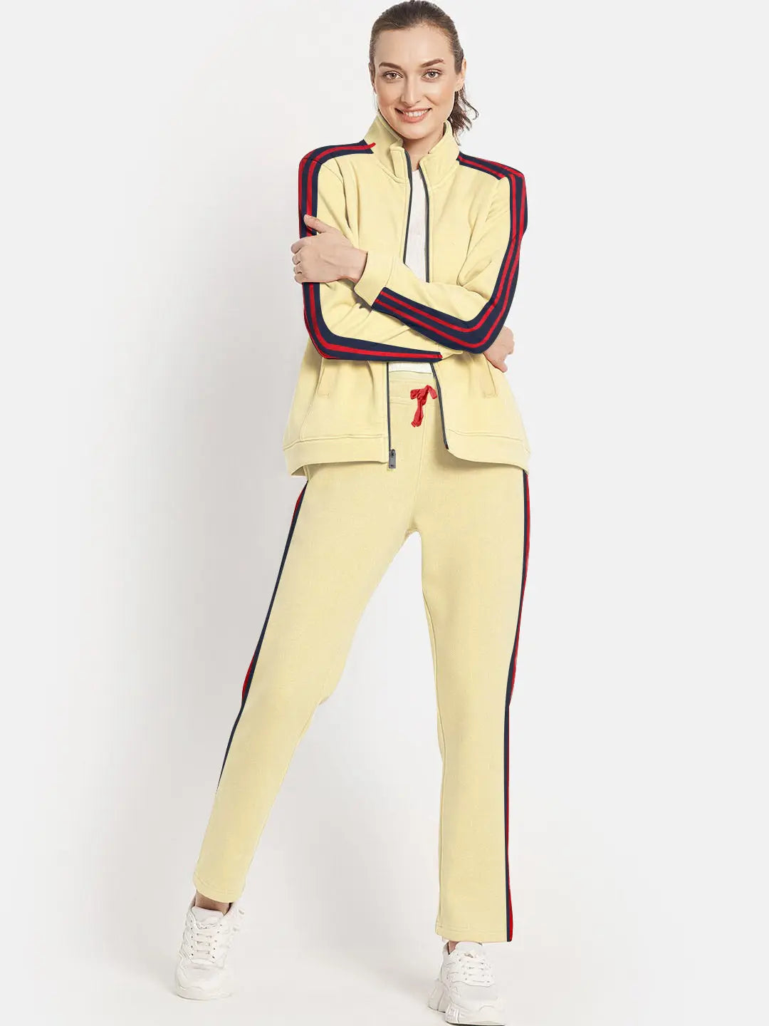 Louis Vicaci Fleece Zipper Tracksuit For Ladies Yellow with Navy-Stripe-SP292/RT2127