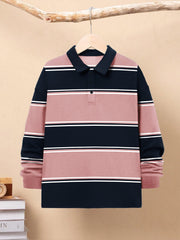 Louis Vicaci Long Sleeve Polo Shirt For Kids-Dark Navy with Pink Stripe-BE946