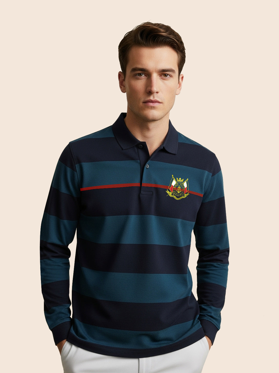 Louis Vicaci Long Sleeve Polo Shirt For Men-Prussian Blue with Navy-BR901