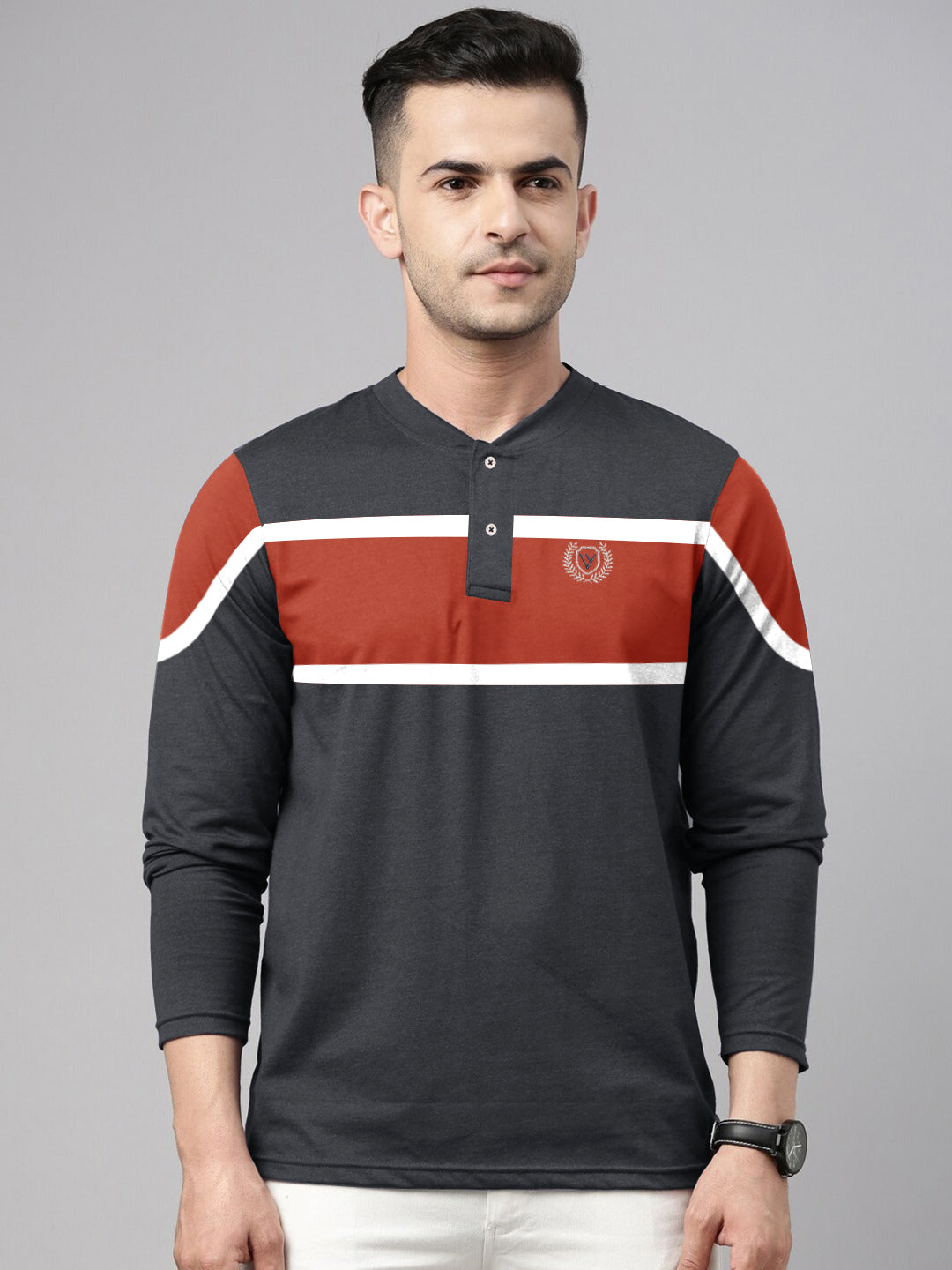 Louis Vicaci P.Q Long Sleeve Henley Shirt For Men-Charcoal Melange with Orange-BE958