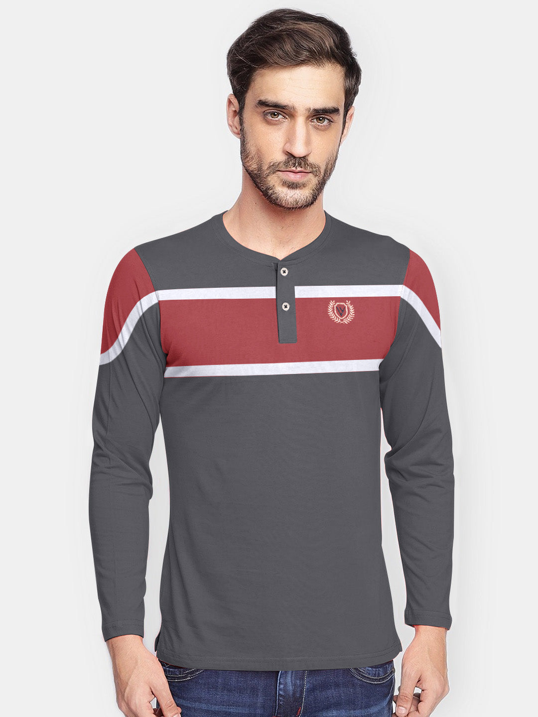Louis Vicaci P.Q Long Sleeve Henley Shirt For Men-Dark Grey with Red-BE963