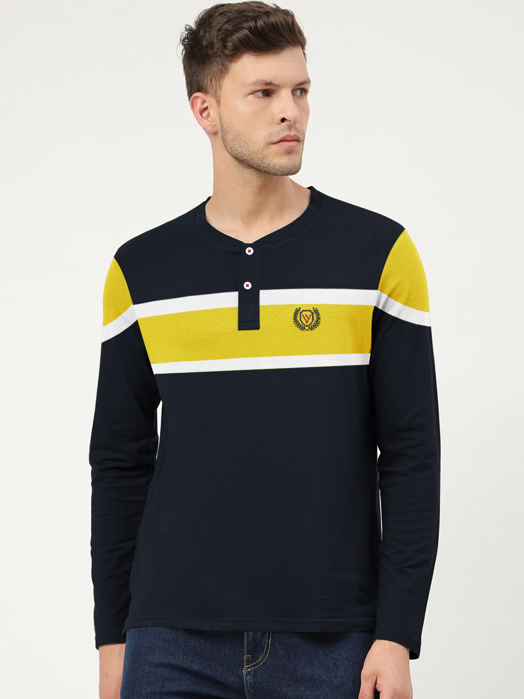 Louis Vicaci P.Q Long Sleeve Henley Shirt For Men-Mid Navy with Yellow-BE955/BR13203
