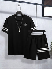 Louis Vicaci Summer Active Wear T Shirt & Lounge Short For Men-Black with White Stripe-BE3224/BR15672
