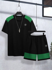Louis Vicaci Summer Active Wear T Shirt & Lounge Short For Men-Black with Green Panels-BE3221/BR15669