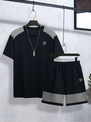 Louis Vicaci Summer Active Wear T Shirt & Lounge Short For Men-Navy with Grey Panels-BE3220/BR15668