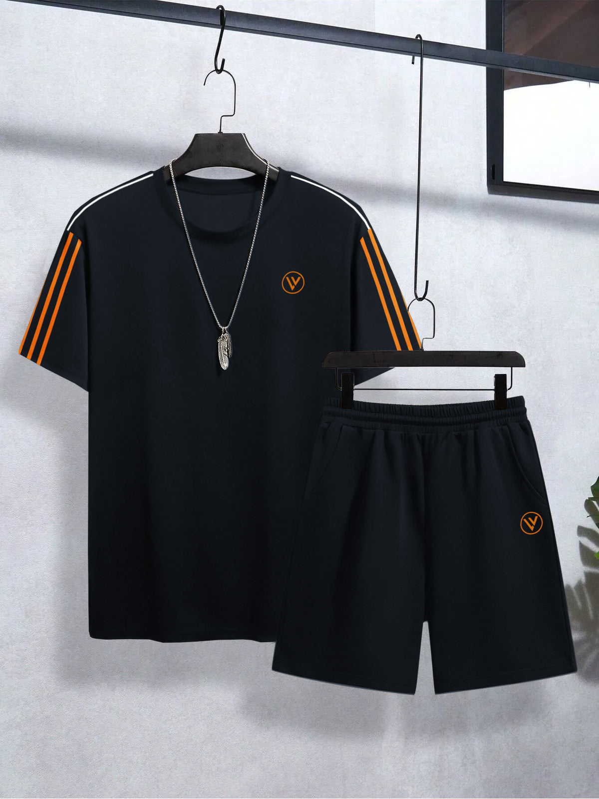 Louis Vicaci Summer Active Wear T Shirt & Lounge Short For Men-Navy with Orange & White Stripes-c/BR15664