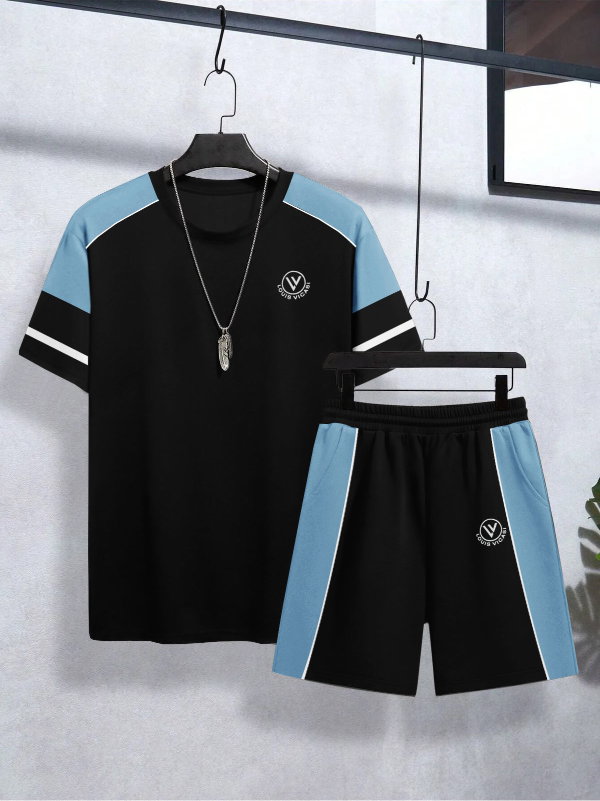 Louis Vicaci Summer Active Wear T Shirt & Lounge Short For Men-Navy with Sky Pannels-BE3223/BR15671