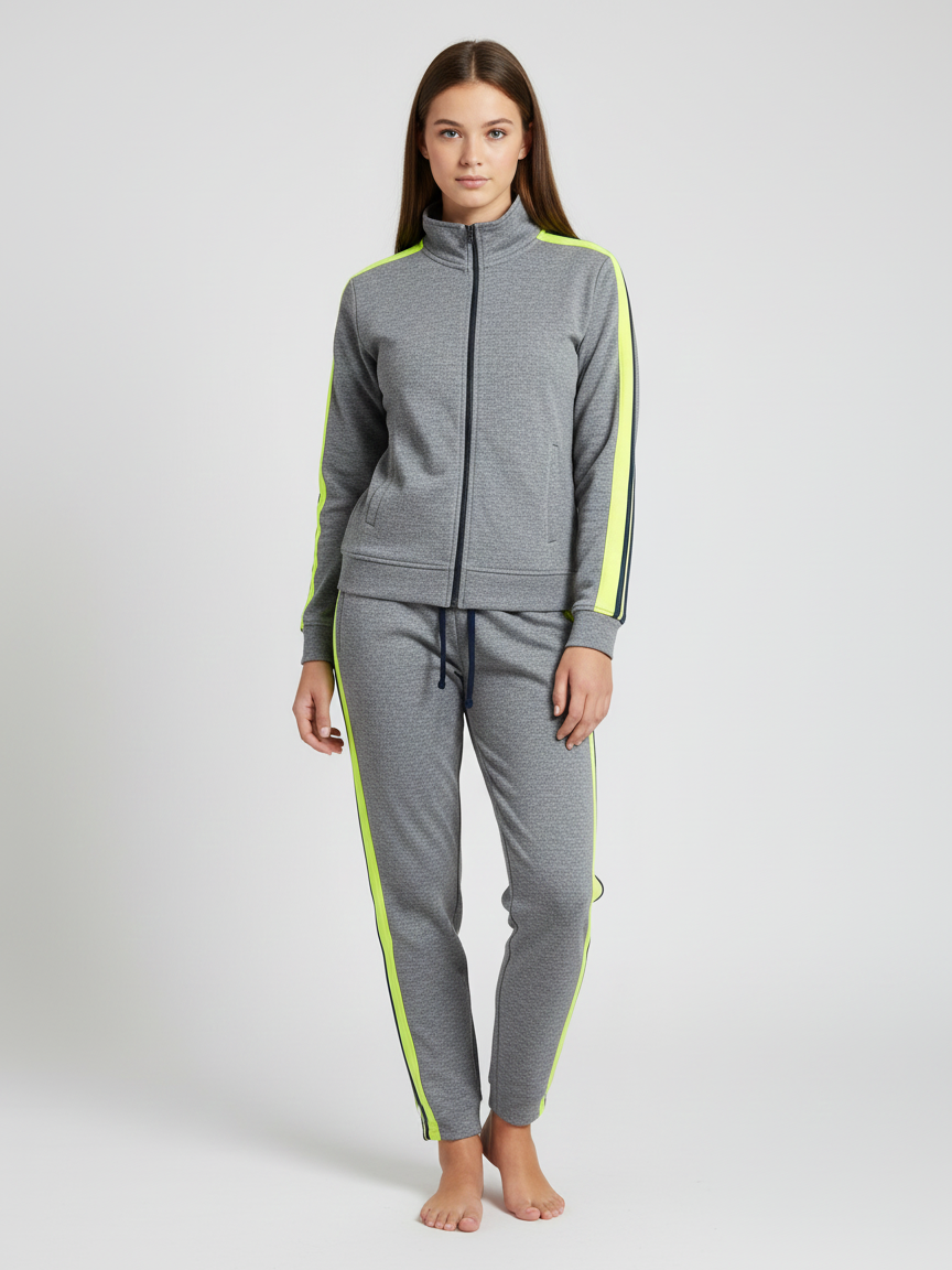 Louis Vicaci Fleece Zipper Tracksuit For Ladies-Blue Melange With Lime & Navy Stripes-LVTS010