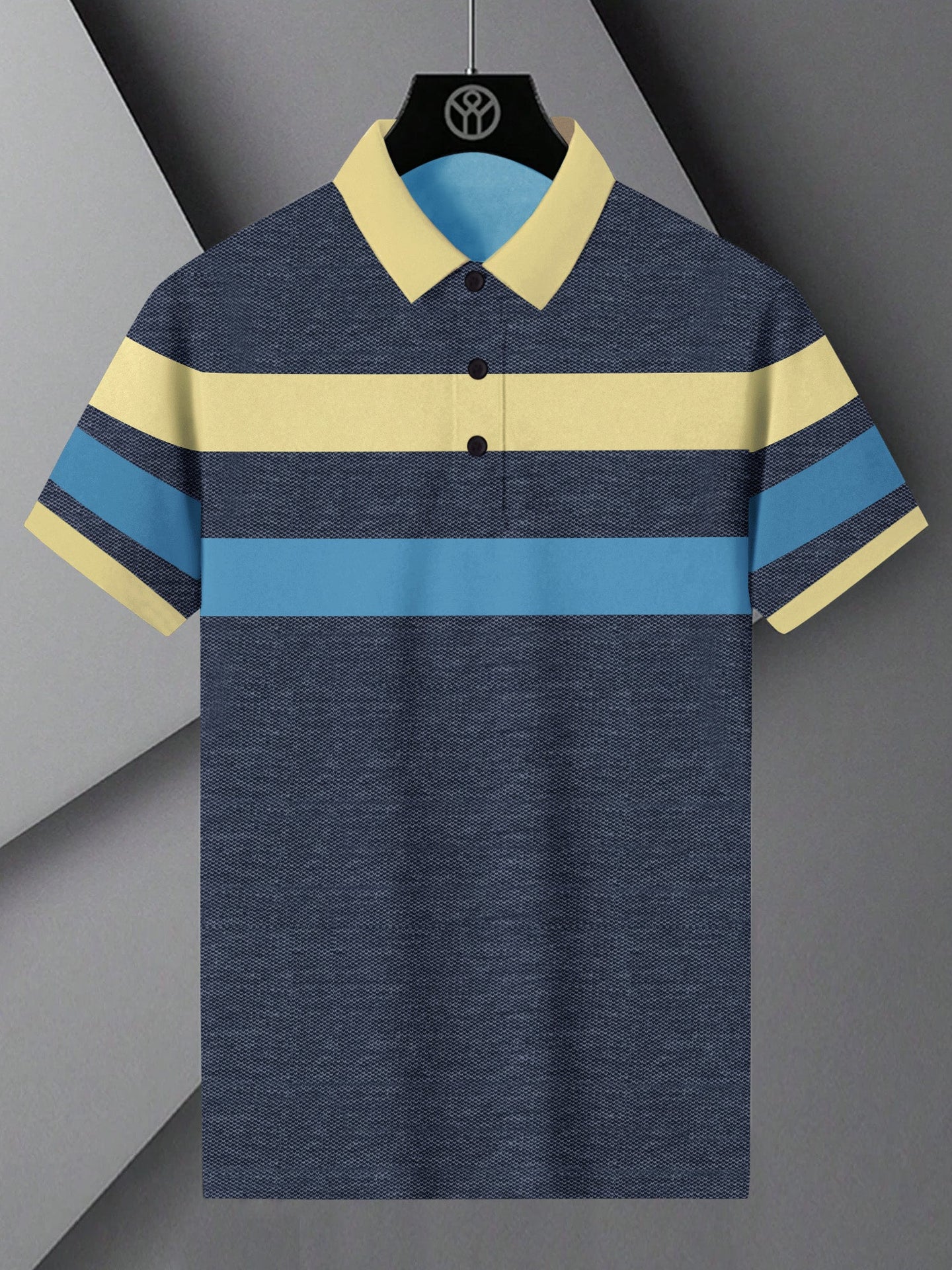 NXT Summer Polo Shirt For Men-Navy Melange with Sky & Yellow Stripe-BE754/BR13001