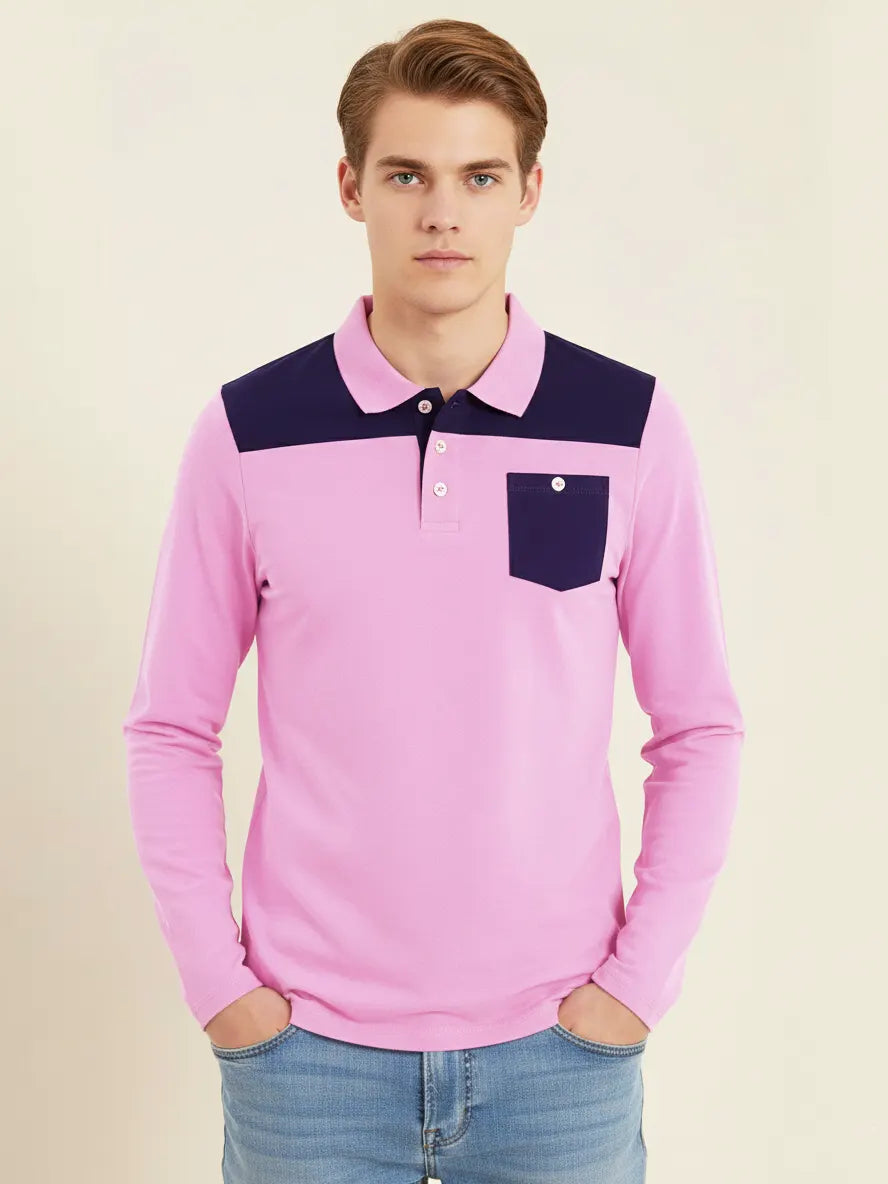 Louis Vicaci Long Sleeve Polo For Men-Light Pink with Purple-BR887