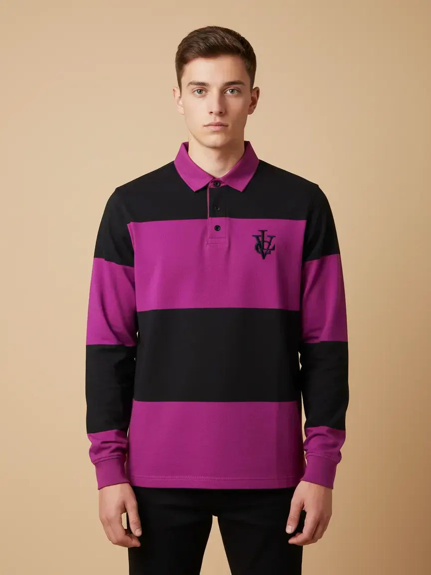 Louis Vicaci Long Sleeve Polo For Men-Black with Magenta-BR885
