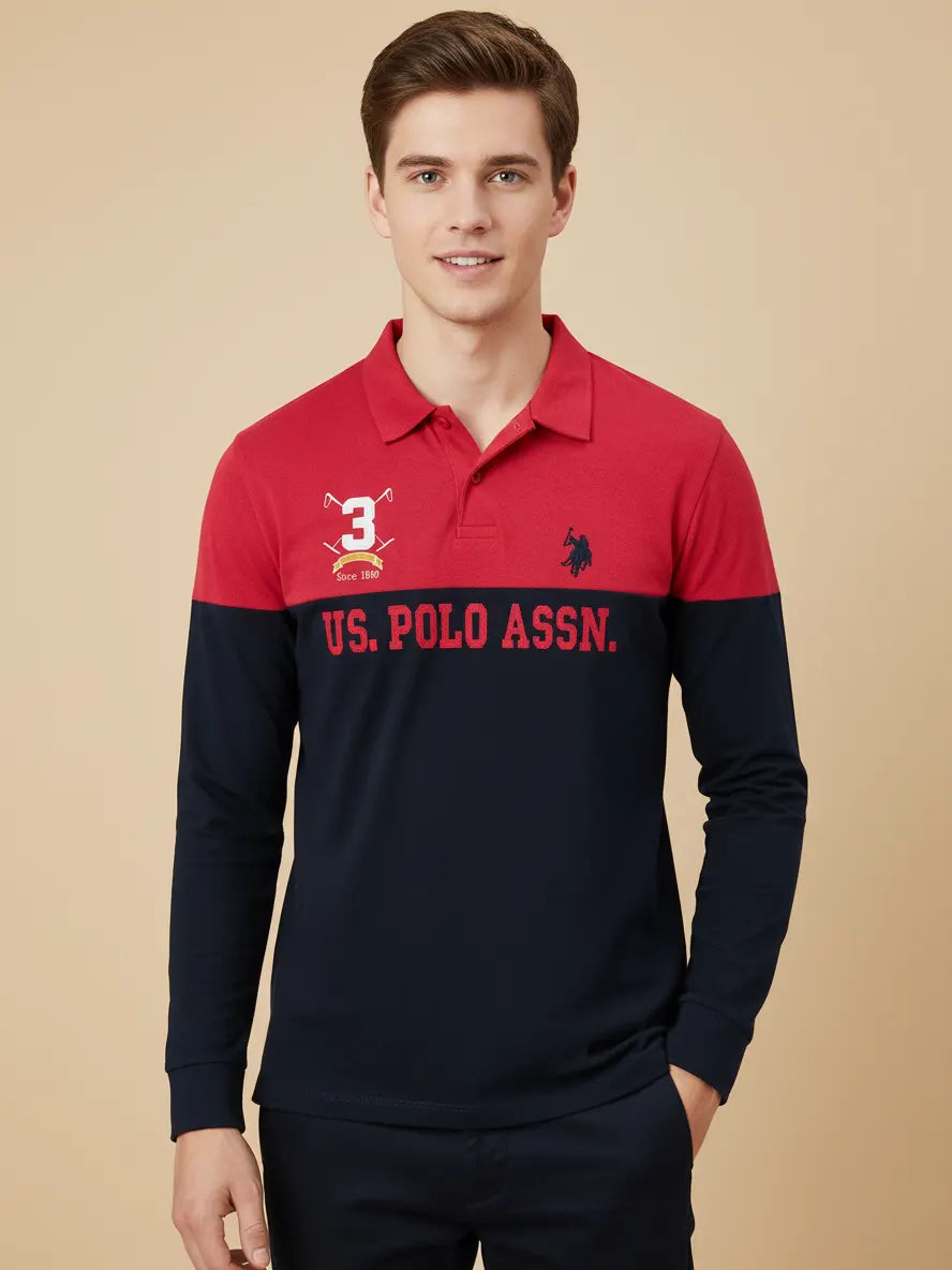 U.S.P.A Long Sleeve Polo Shirt For Men-Dark Pink & Navy-SP6448