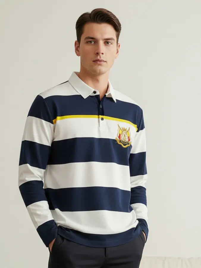 Louis Vicaci Long Sleeve Polo Shirt For Men-White & Navy Stripe-RT1867